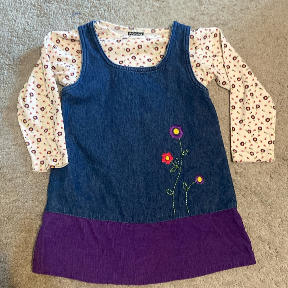 Little Girls Size 4 Denim Jumper W/ Matching Long Sleeve Shirt